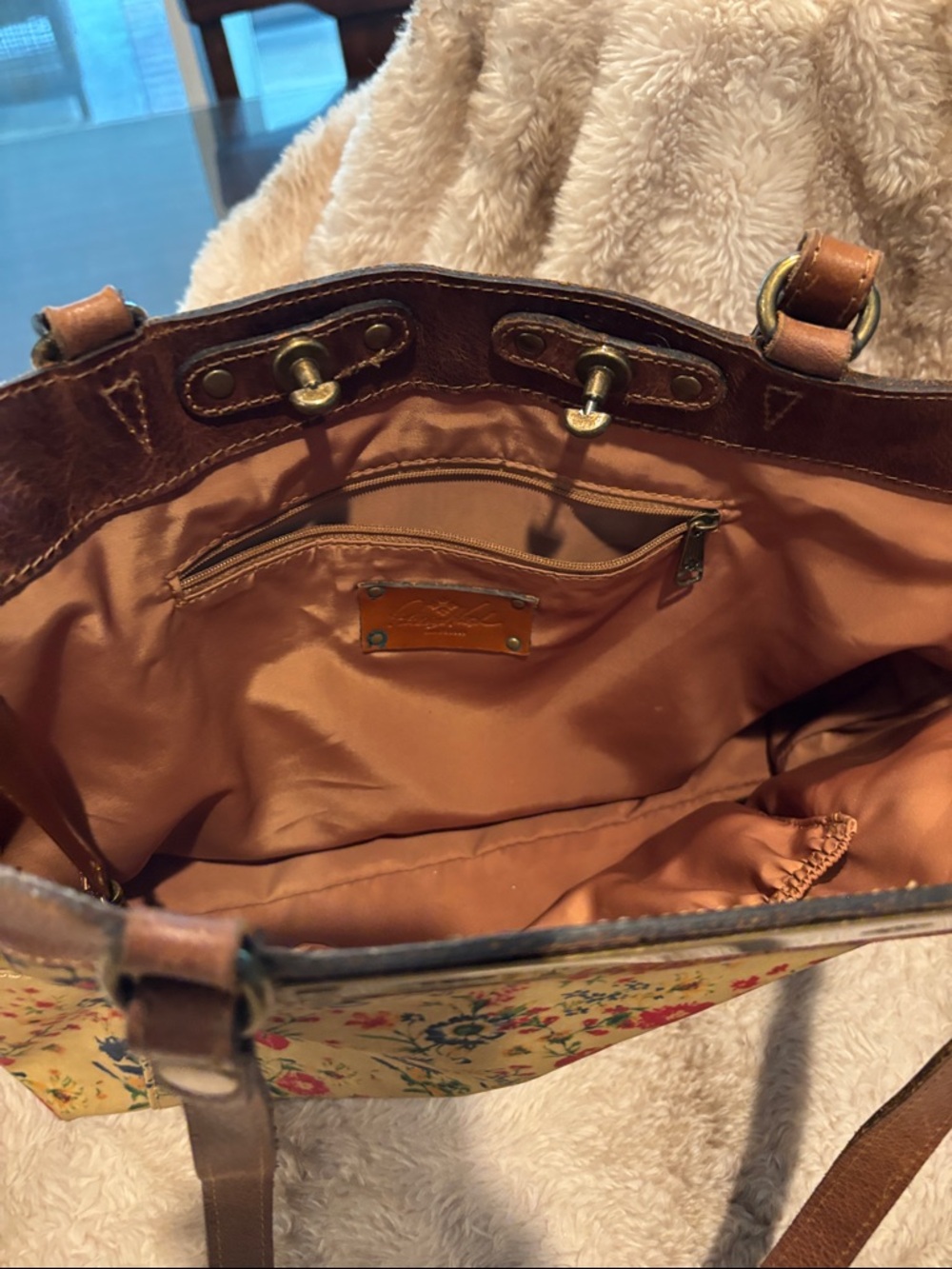 Patricia Nash Yellow Floral Coated Canvas Tote with Brown Leather Trim - Picture 6 of 10